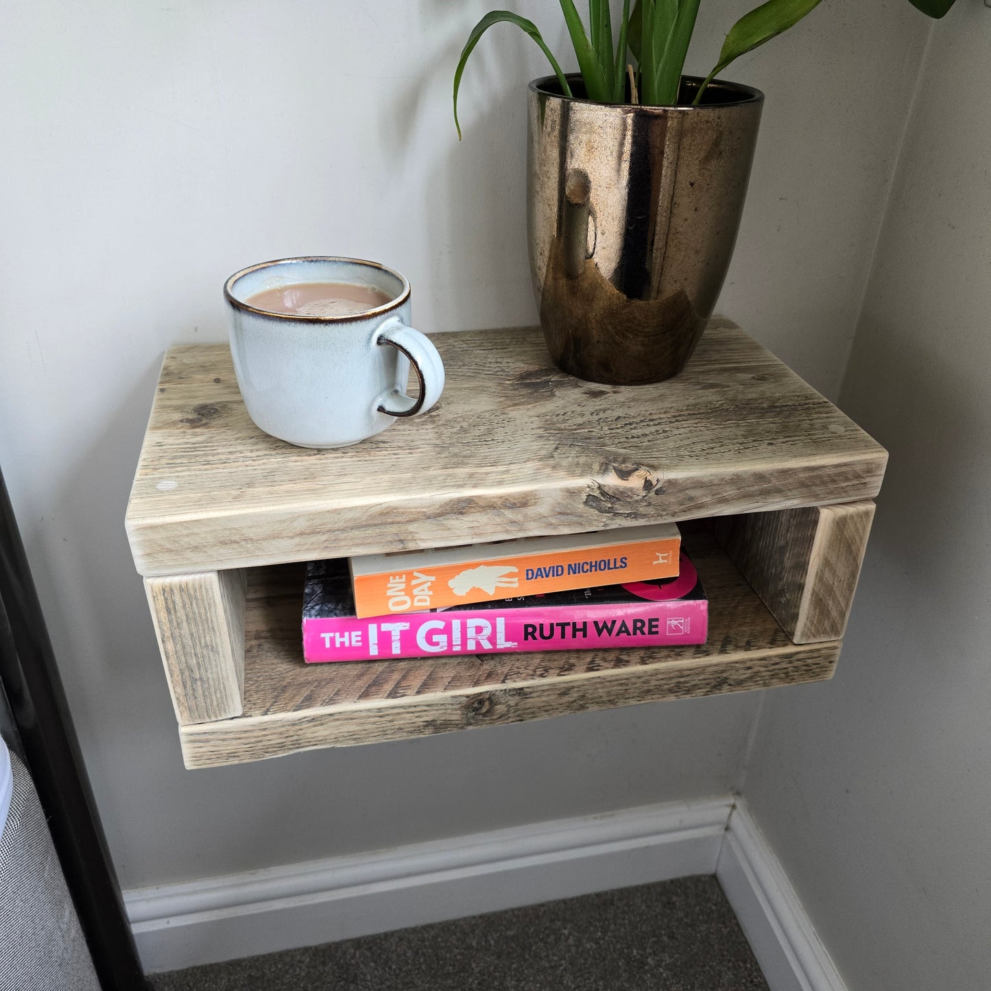 Reclaimed Scaffold Board Floating Nightstand with Two Shelves