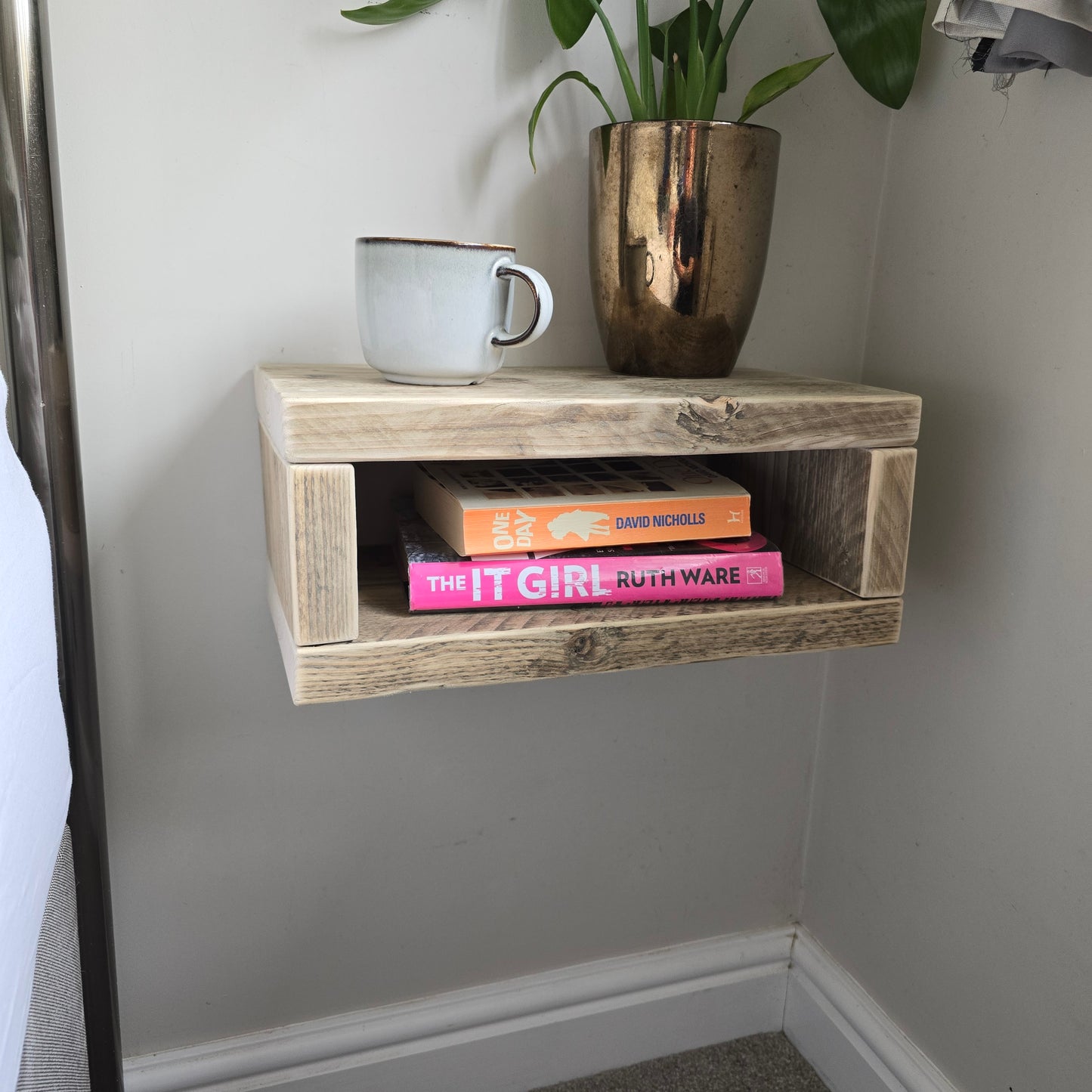 Reclaimed Scaffold Board Floating Nightstand with Two Shelves