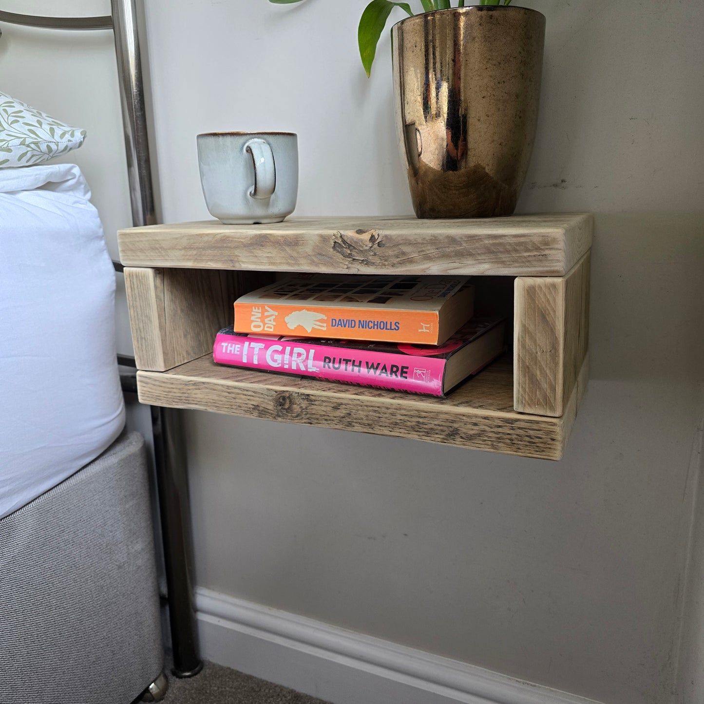 Reclaimed Scaffold Board Floating Nightstand with Two Shelves