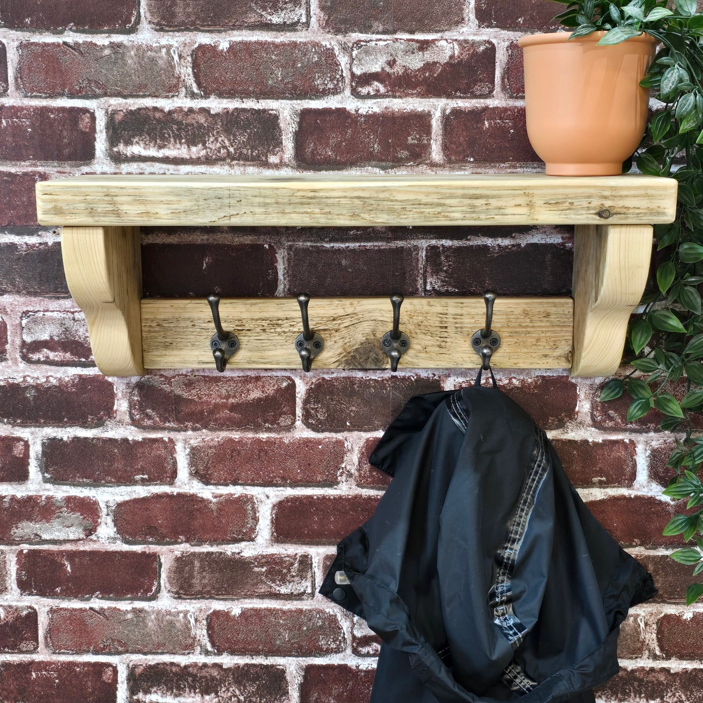 Coat Rack with Shelf - Cast Iron Hooks - Ogee Style Shelf Supports - Reclaimed Scaffold Board.