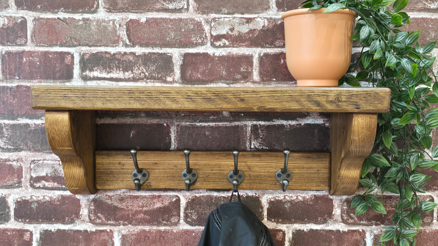 Coat Rack with Shelf - Cast Iron Hooks - Ogee Style Shelf Supports - Reclaimed Scaffold Board.
