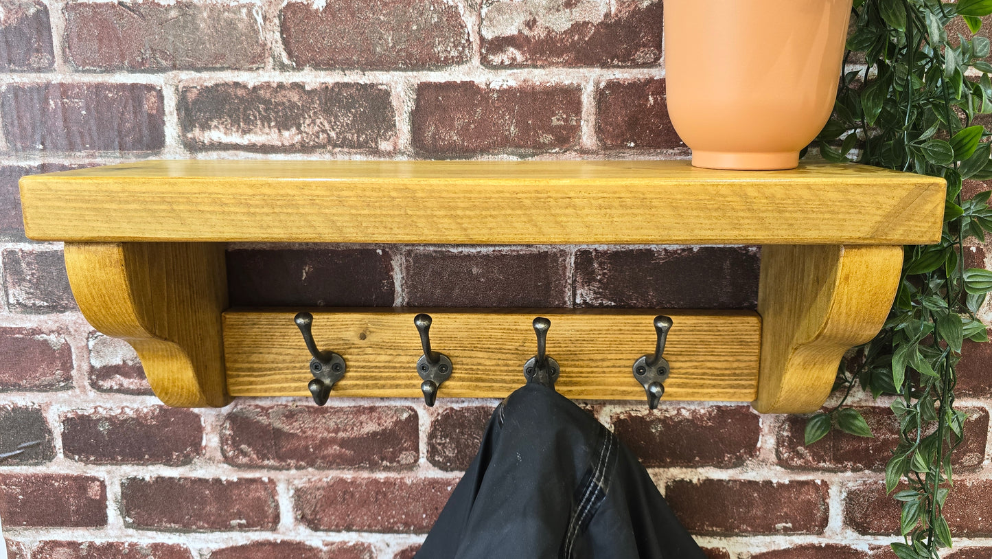 Coat Rack with Shelf - Cast Iron Hooks - Ogee Style Shelf Supports - Reclaimed Scaffold Board.