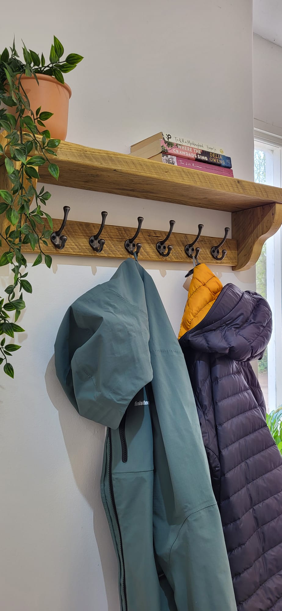 Coat Rack with Shelf - Cast Iron Hooks - Ogee Style Shelf Supports - Reclaimed Scaffold Board.