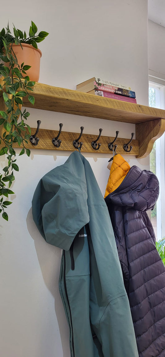 Coat Rack with Shelf - Cast Iron Hooks - Ogee Style Shelf Supports - Reclaimed Scaffold Board.