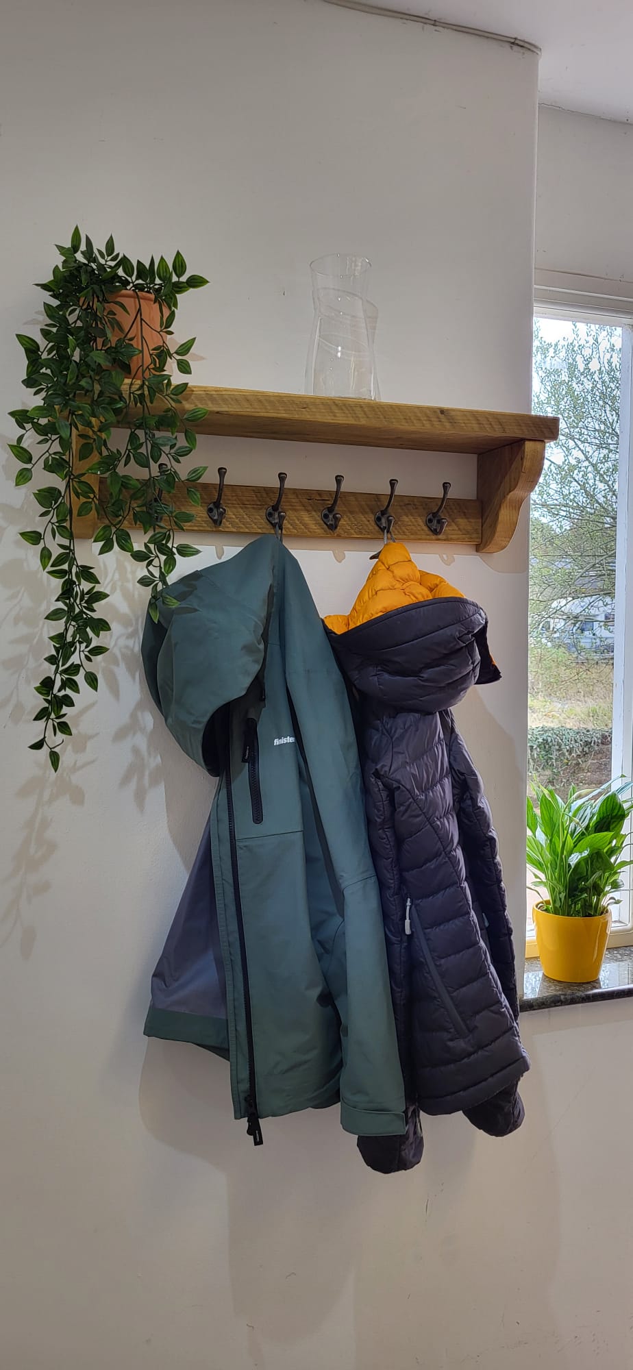 Coat Rack with Shelf - Cast Iron Hooks - Ogee Style Shelf Supports - Reclaimed Scaffold Board.