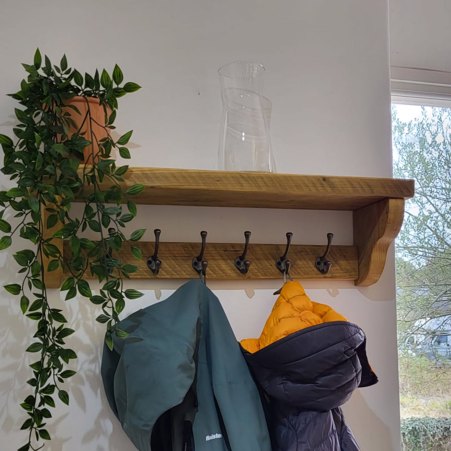 Coat Rack with Shelf - Cast Iron Hooks - Ogee Style Shelf Supports - Reclaimed Scaffold Board.