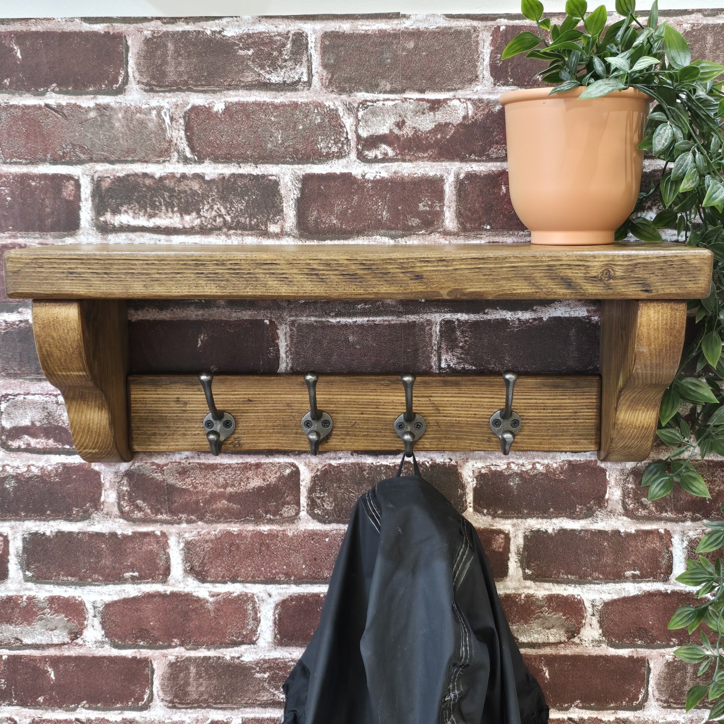 Coat Rack with Shelf - Cast Iron Hooks - Ogee Style Shelf Supports - Reclaimed Scaffold Board.
