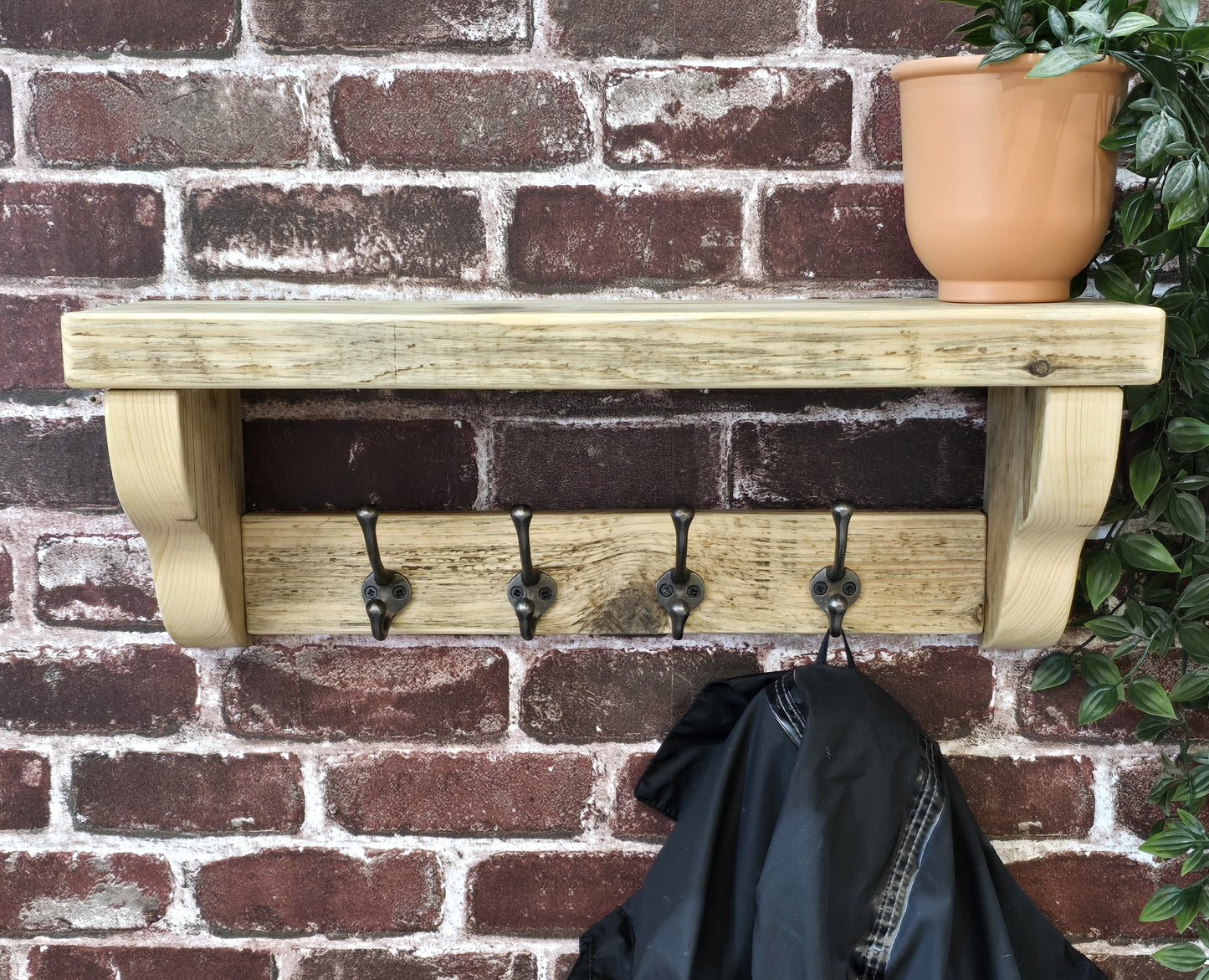 Coat Rack with Shelf - Cast Iron Hooks - Ogee Style Shelf Supports - Reclaimed Scaffold Board.